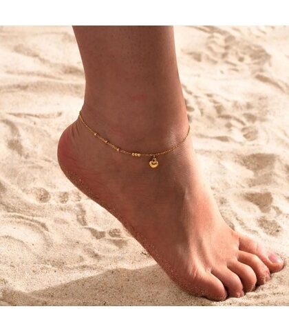 Anklet with Small Gold Beads & Pendant Heart